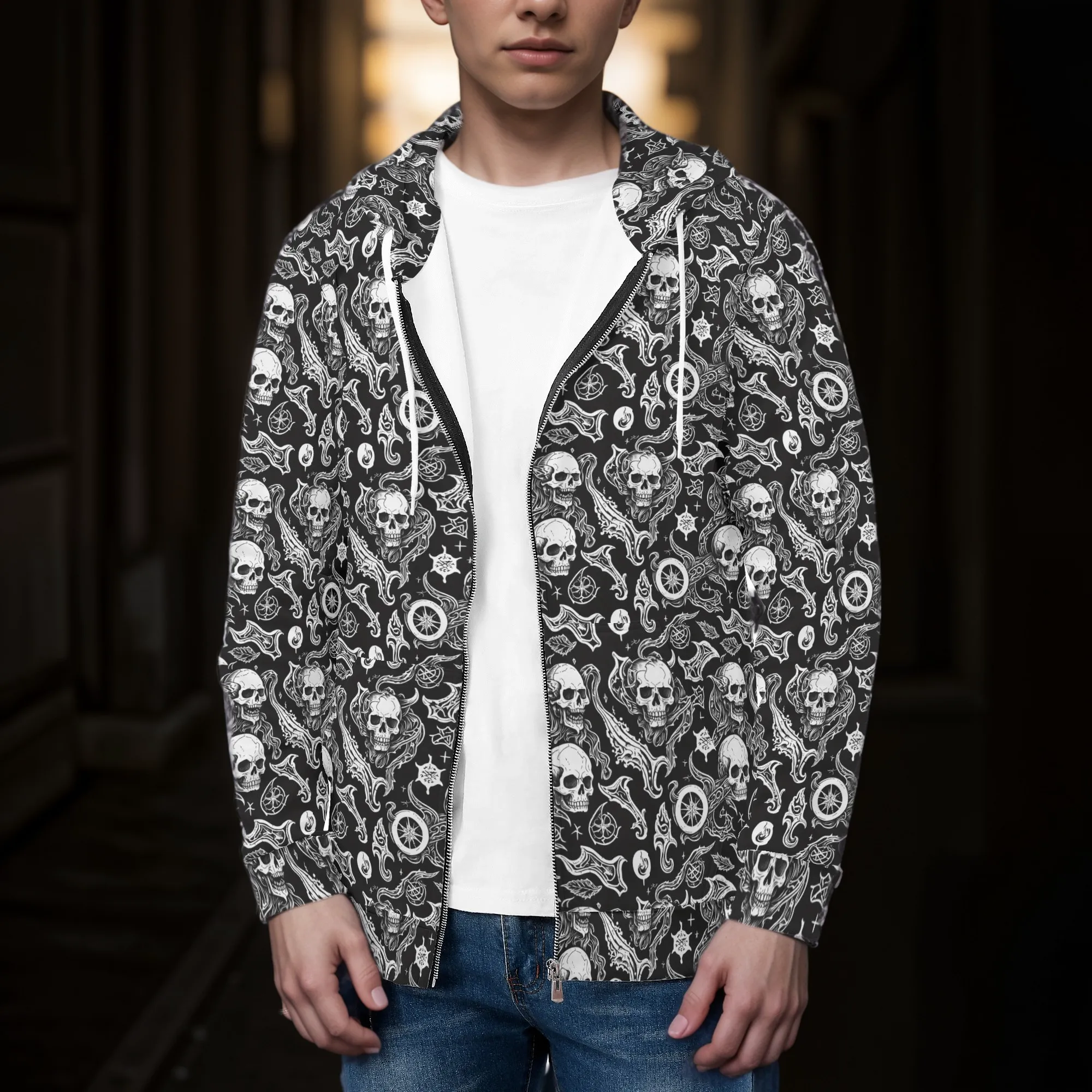 Mens Flying Skulls Classic Zip Up Hoodie Warm Jacket