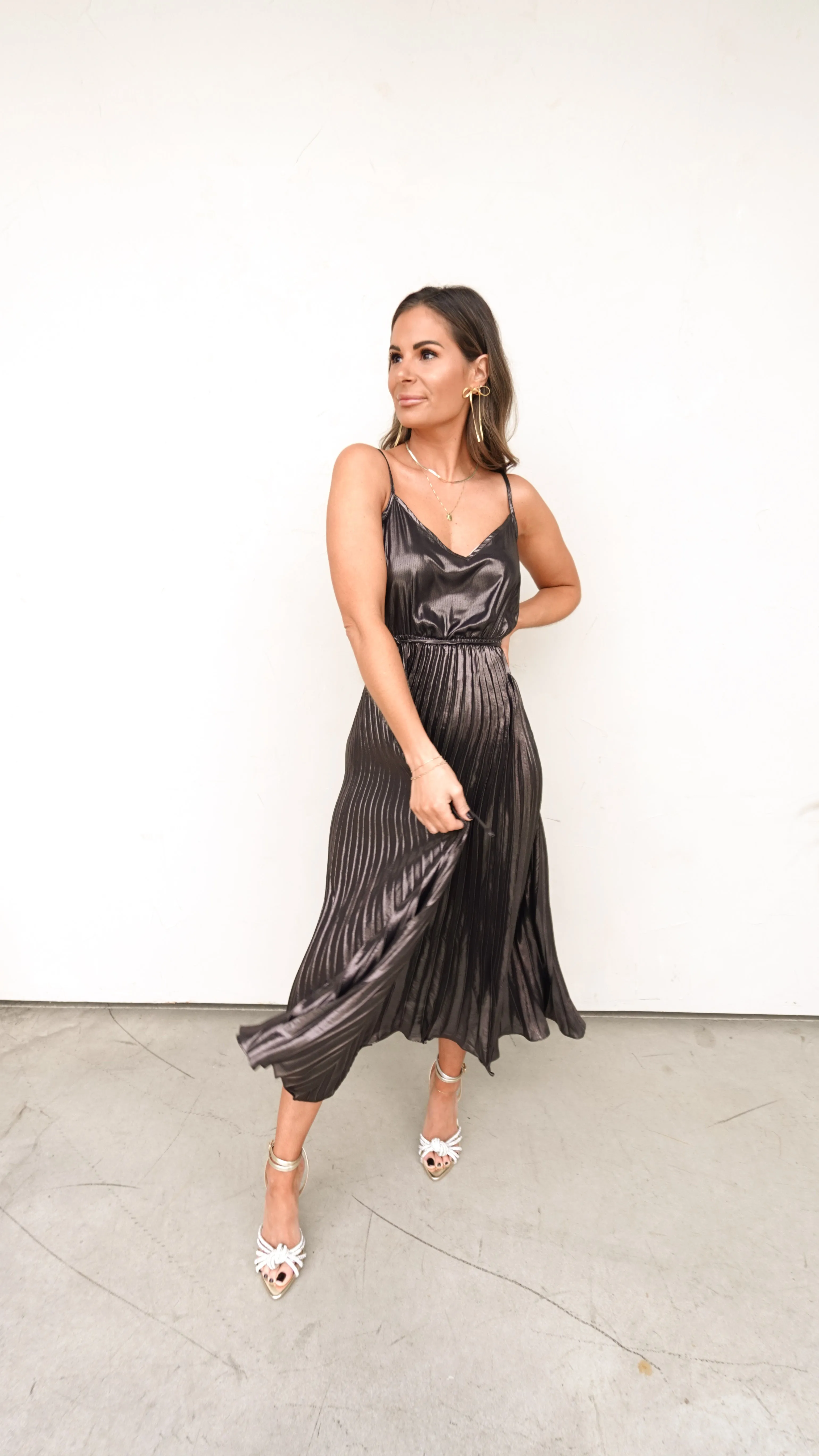 Metallic Pleated Midi Dress