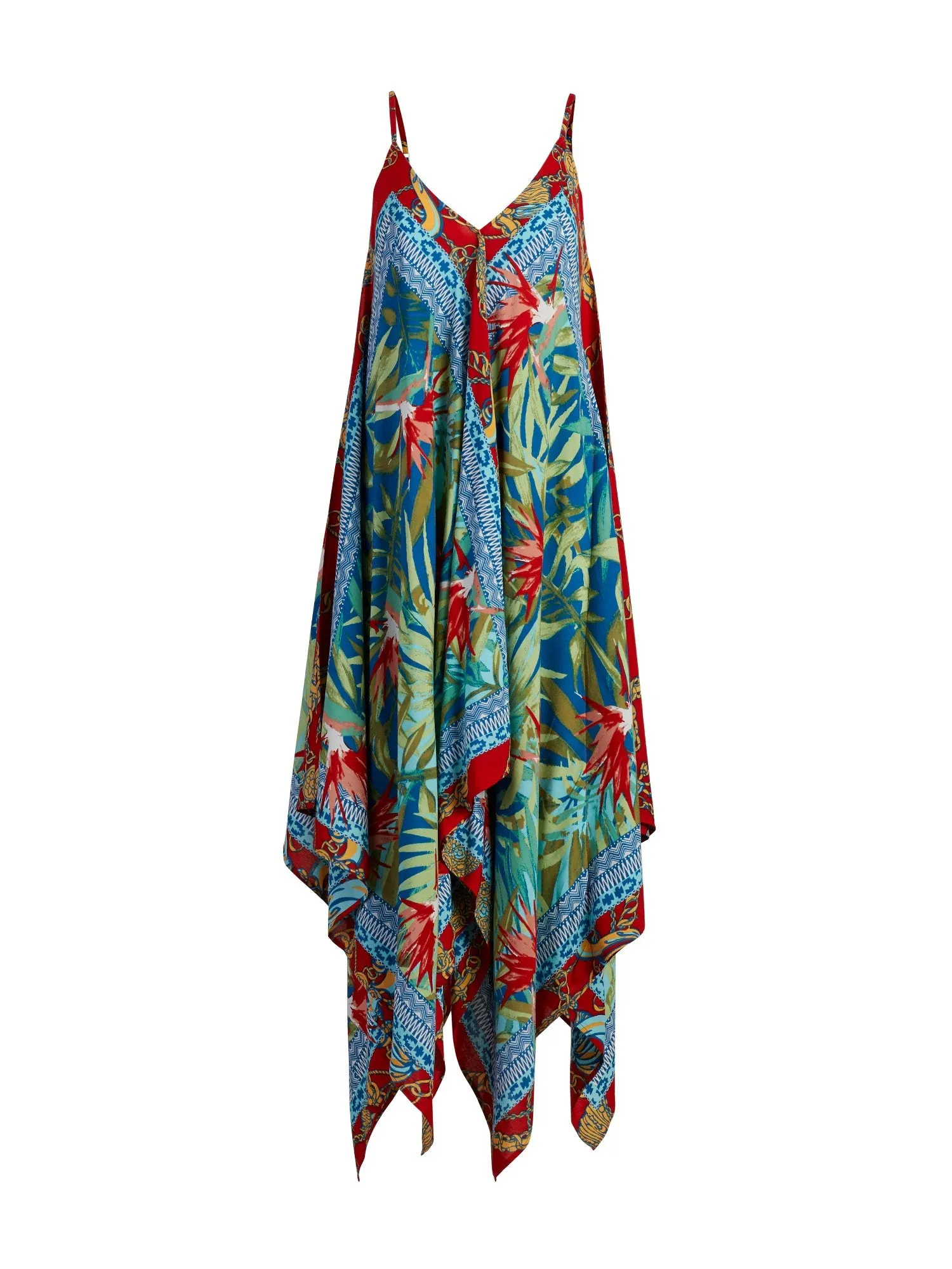 Mixed-Print Handkerchief-Hem Swing Dress