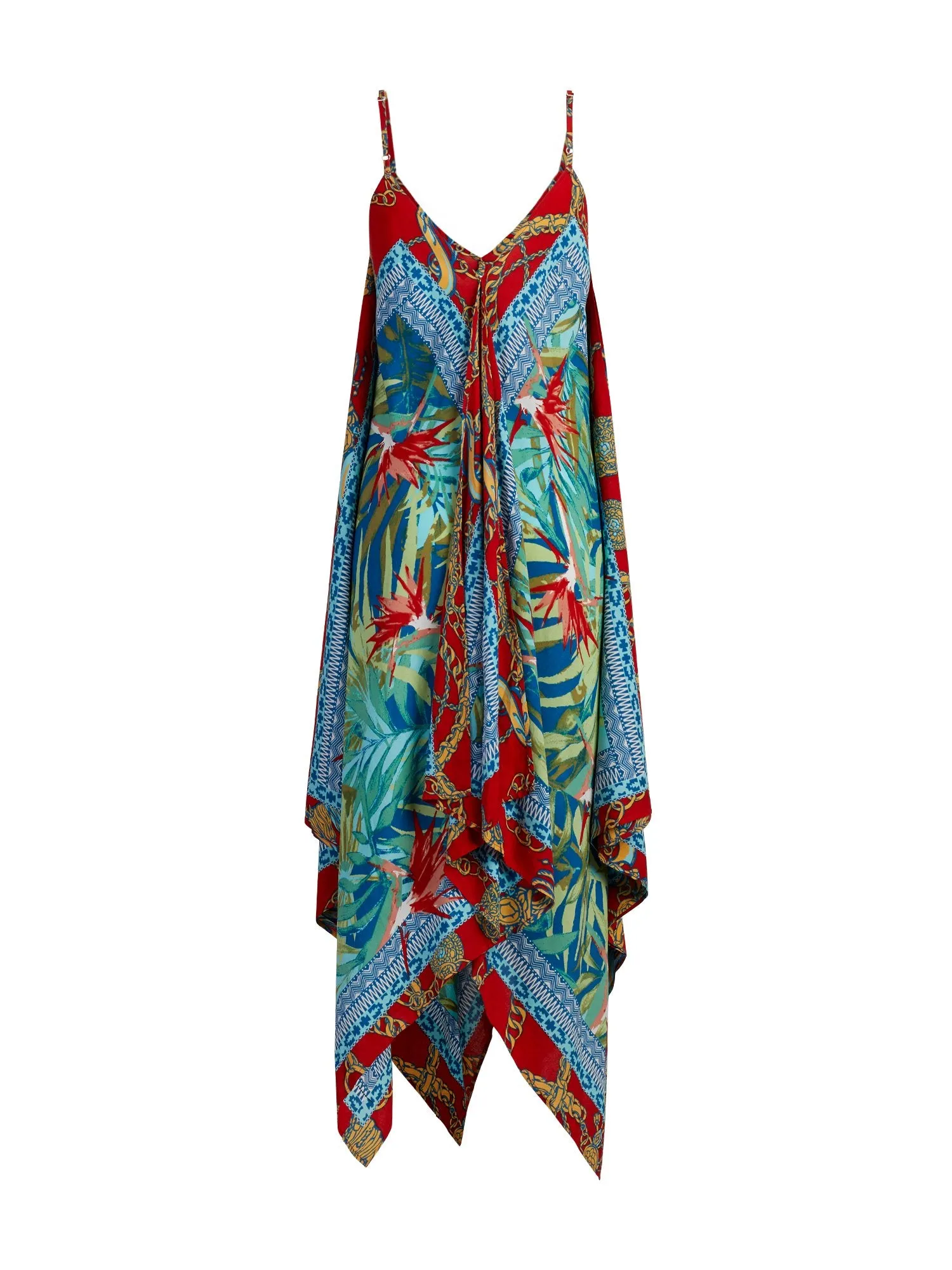 Mixed-Print Handkerchief-Hem Swing Dress