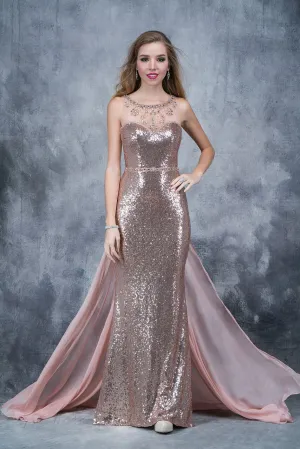 Nina Canacci 1346 Size 4 Rose Gold sequin prom dress Sheer high Neck Train