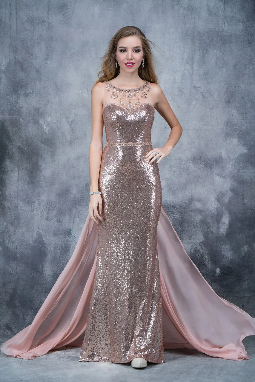 Nina Canacci 1346 Size 4 Rose Gold sequin prom dress Sheer high Neck Train