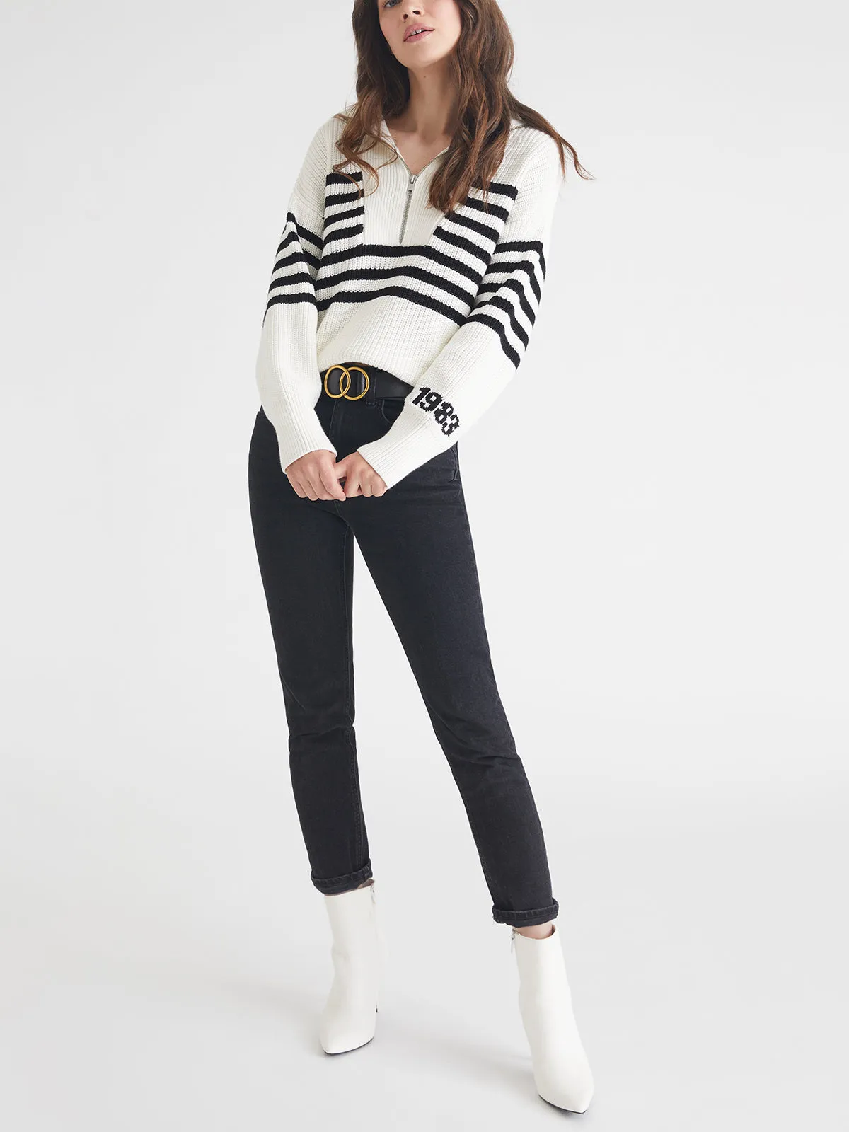 Norah: 100% Cotton 1983 Stripe Half-Zip Sweater