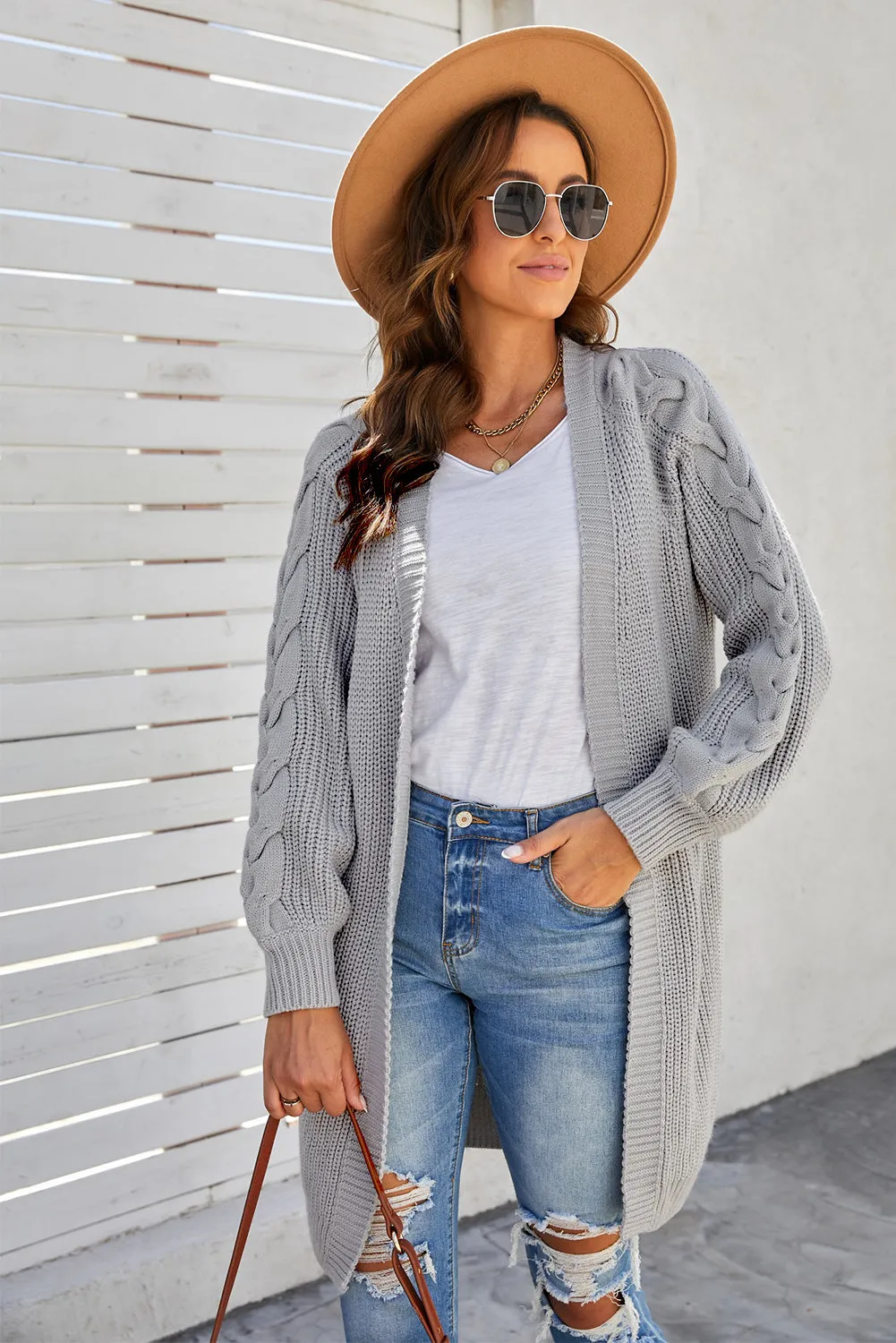 Oversized Open Front Cable Sleeve Long Cardigan