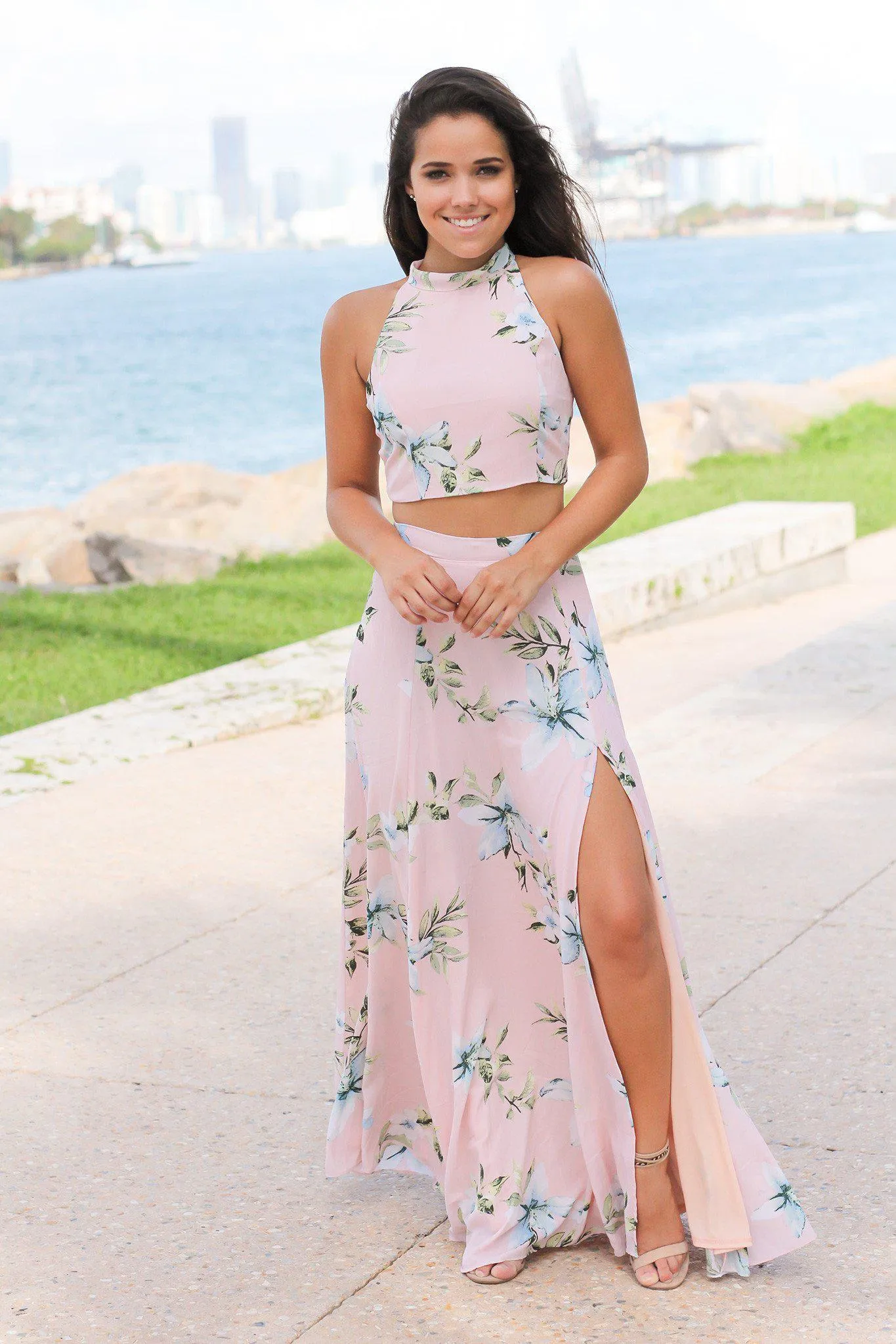 Pink Floral Halter Neck Two Piece Set