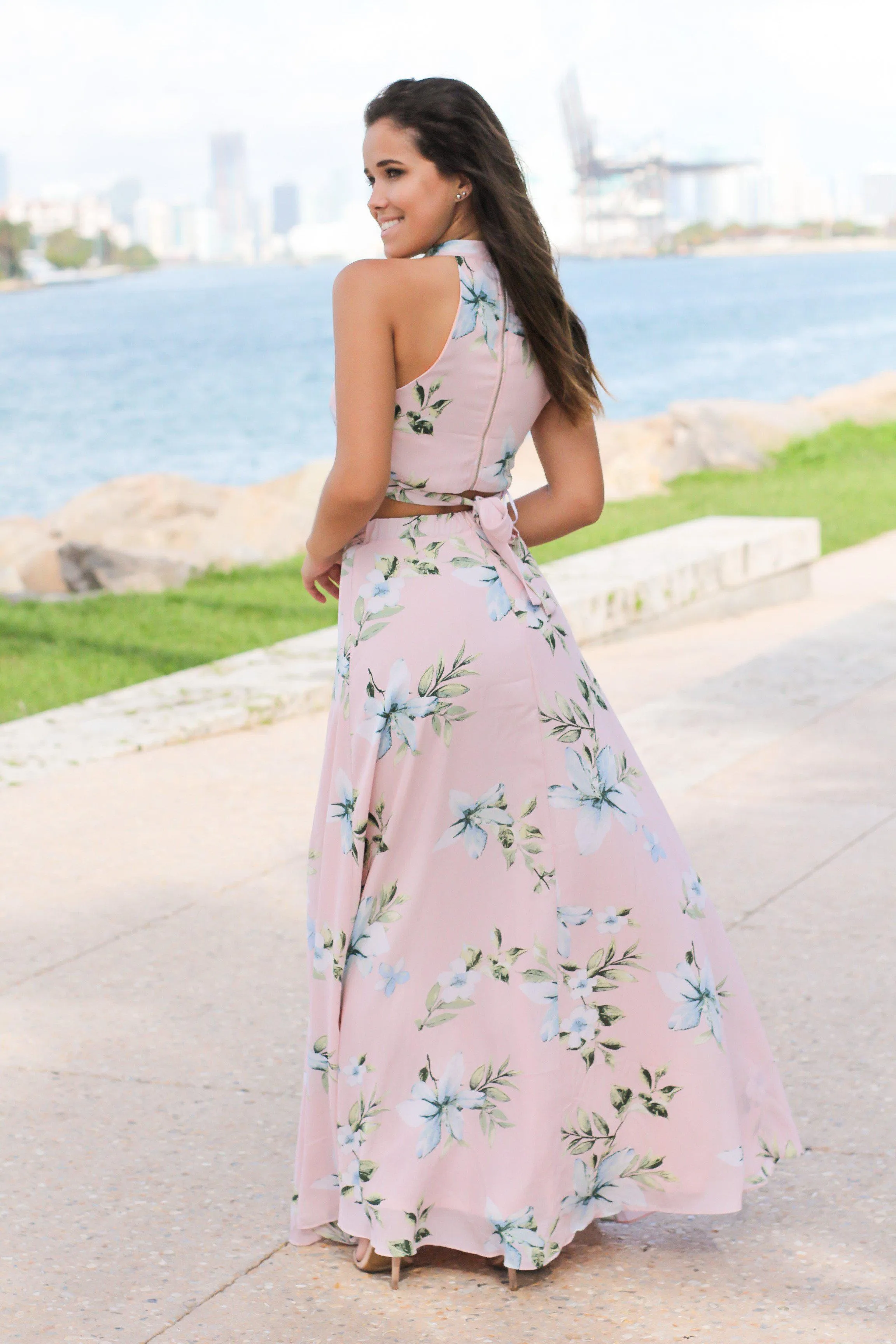 Pink Floral Halter Neck Two Piece Set