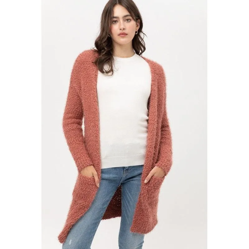 Popcorn Eyelash Open Front Long Line Cardigan