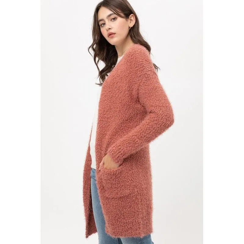 Popcorn Eyelash Open Front Long Line Cardigan