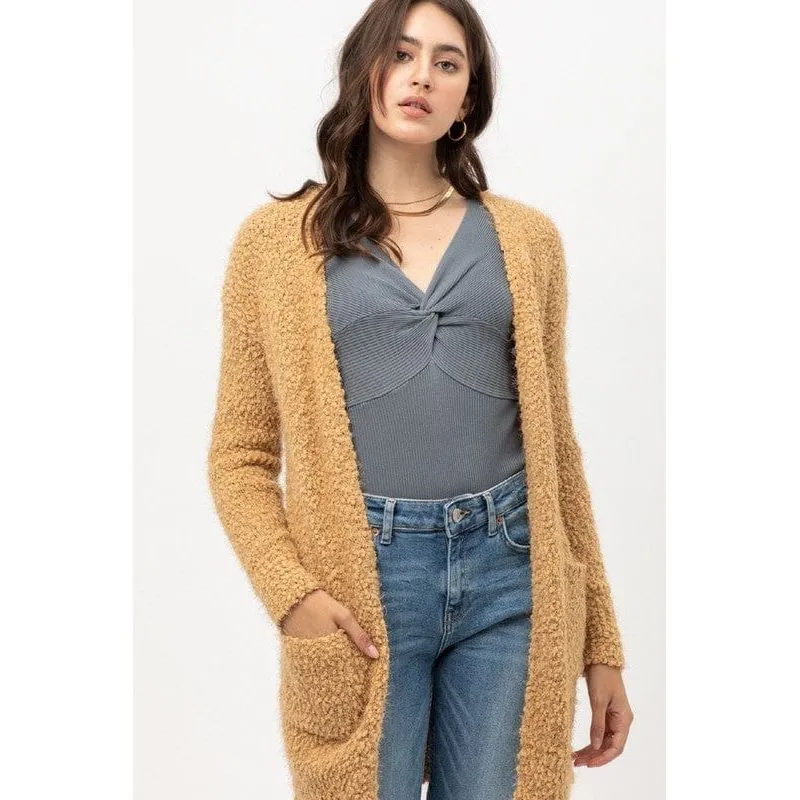 Popcorn Eyelash Open Front Long Line Cardigan