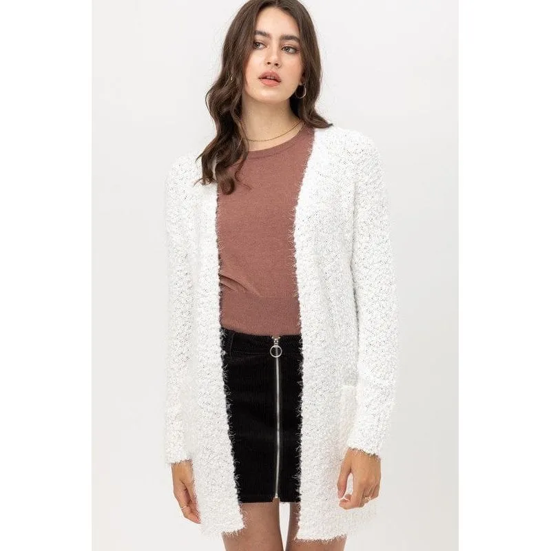 Popcorn Eyelash Open Front Long Line Cardigan