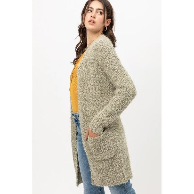 Popcorn Eyelash Open Front Long Line Cardigan