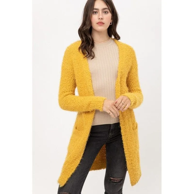 Popcorn Eyelash Open Front Long Line Cardigan