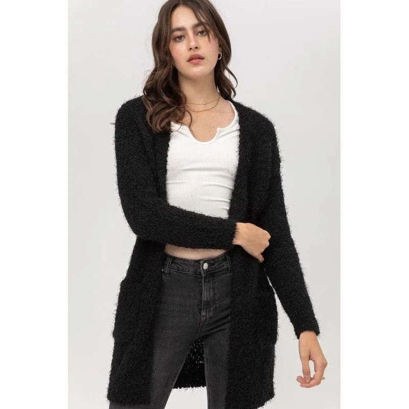 Popcorn Eyelash Open Front Long Line Cardigan