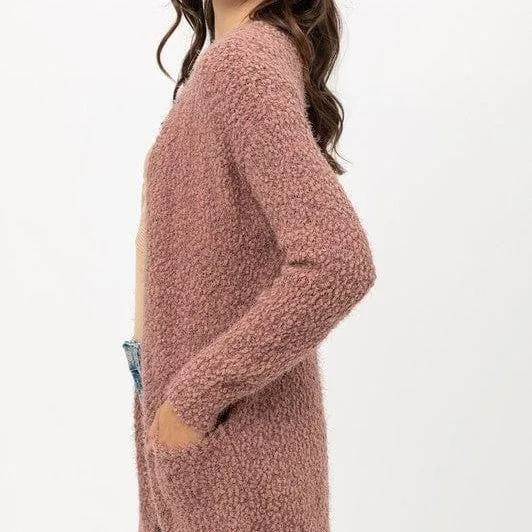 Popcorn Eyelash Open Front Long Line Cardigan