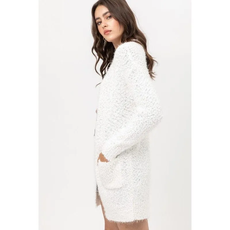 Popcorn Eyelash Open Front Long Line Cardigan