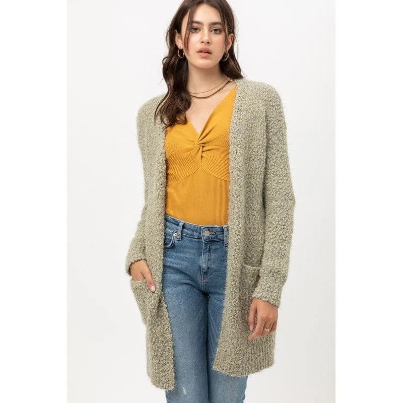 Popcorn Eyelash Open Front Long Line Cardigan