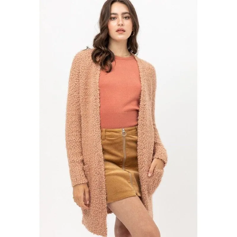 Popcorn Eyelash Open Front Long Line Cardigan