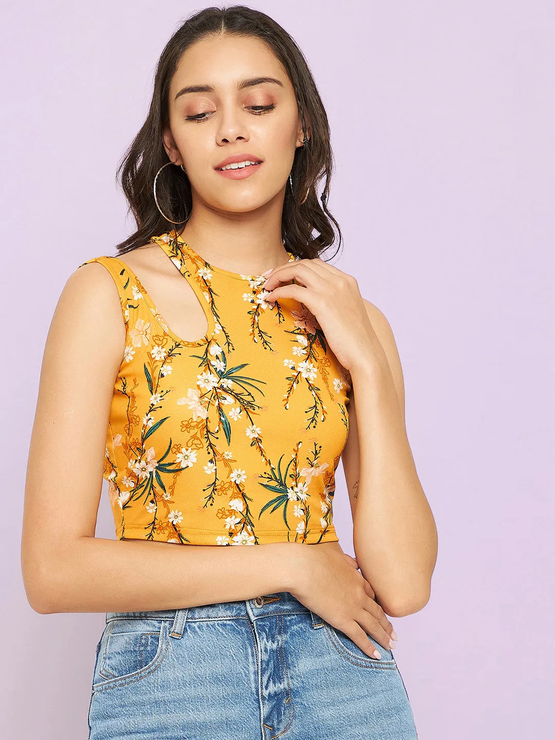 Printed Cotton Stretchable Shoulder Cutout Crop Top