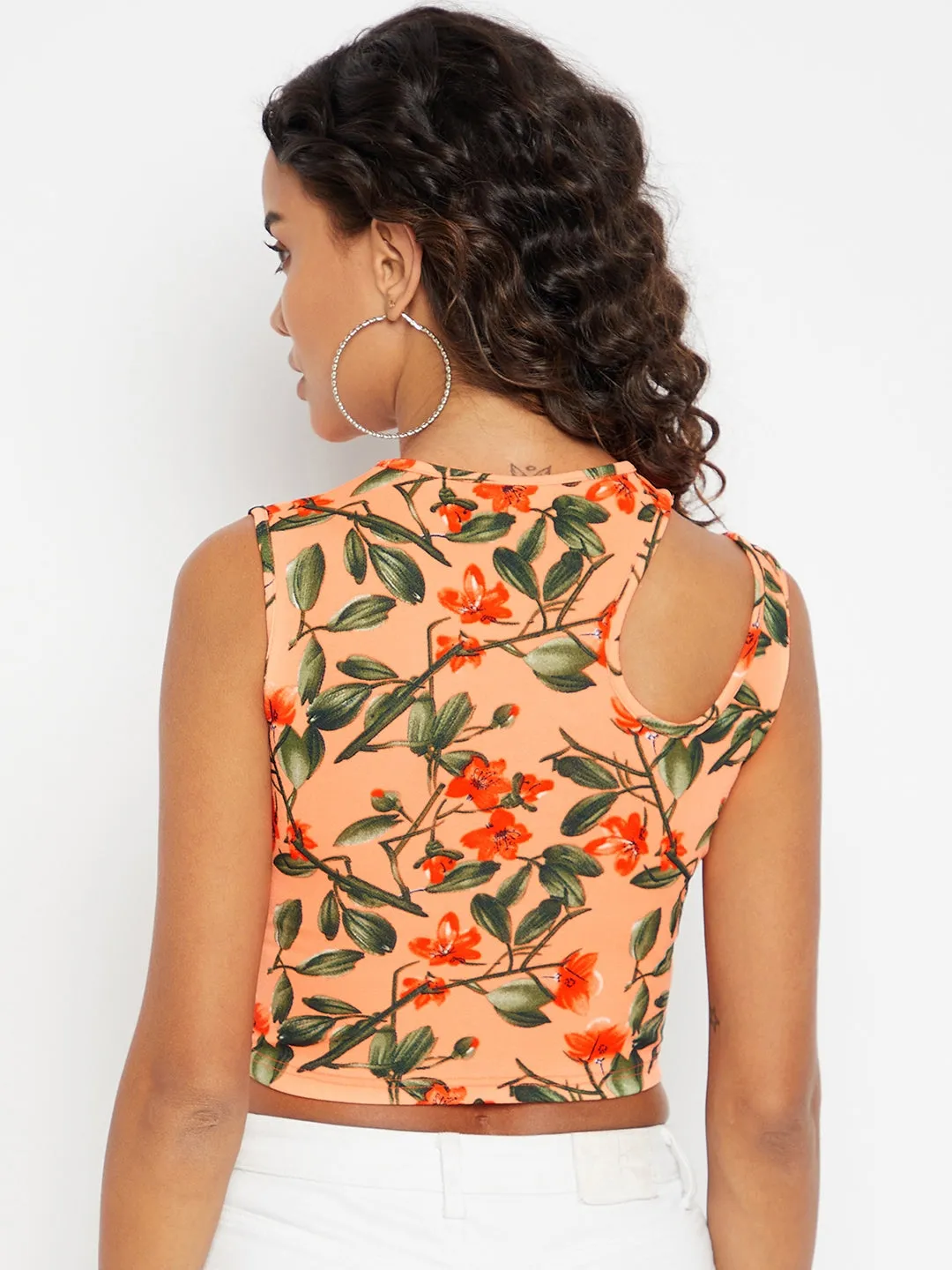 Printed Cotton Stretchable Shoulder Cutout Crop Top