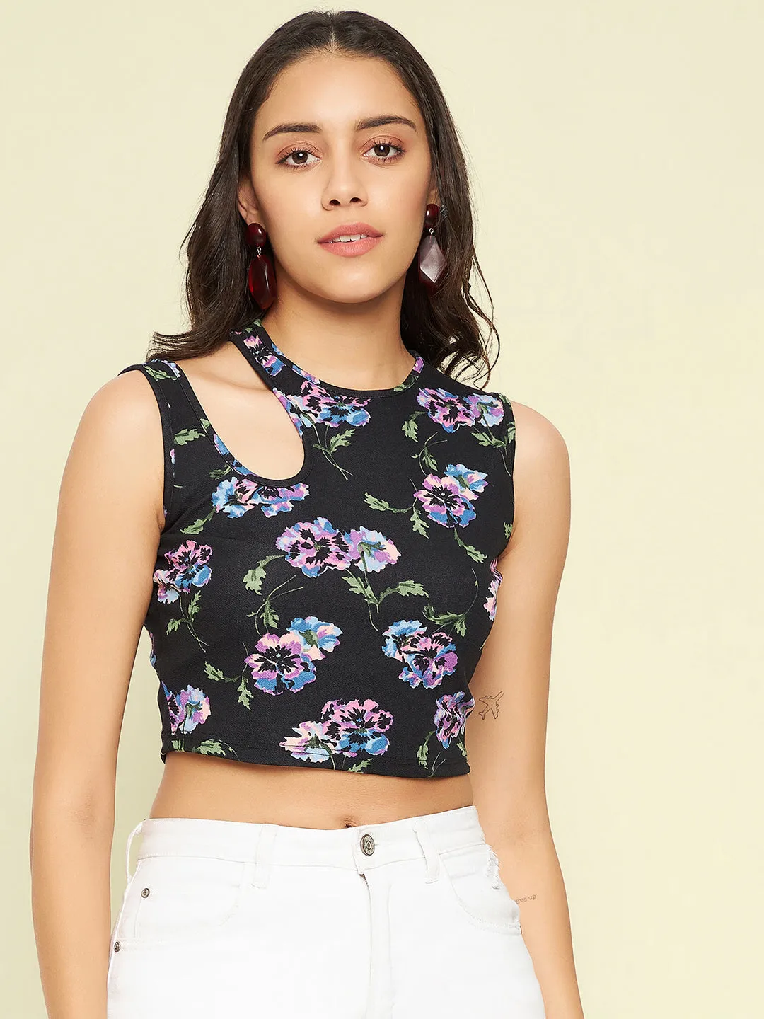 Printed Cotton Stretchable Shoulder Cutout Crop Top