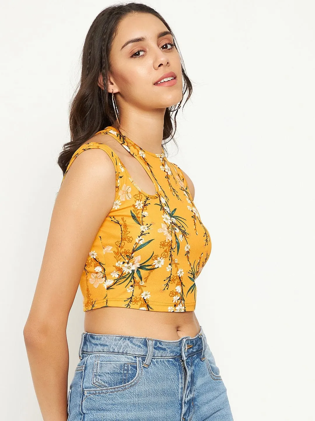 Printed Cotton Stretchable Shoulder Cutout Crop Top