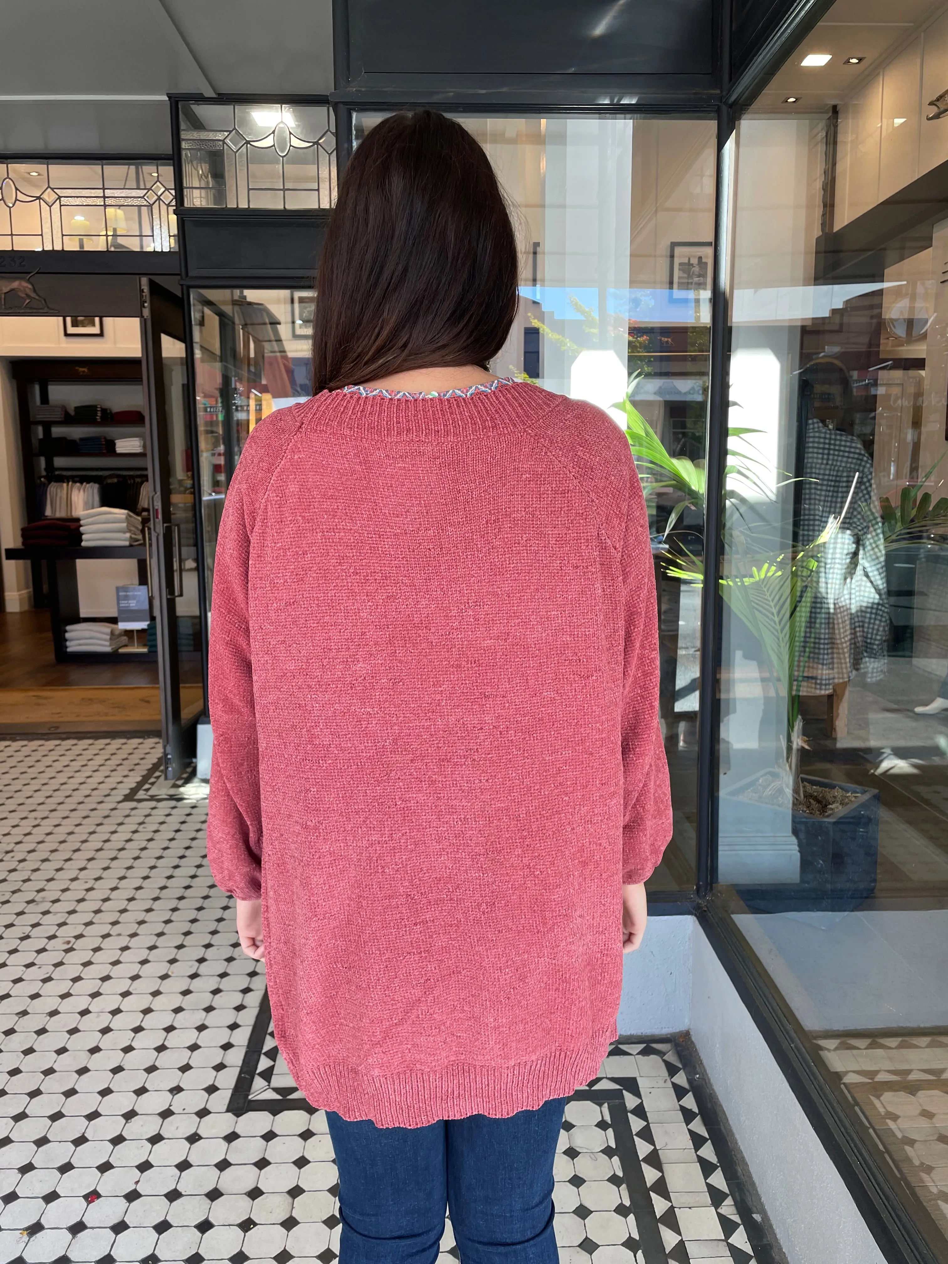 Raglan Puff Sleeve Chenille Cardigan Brick