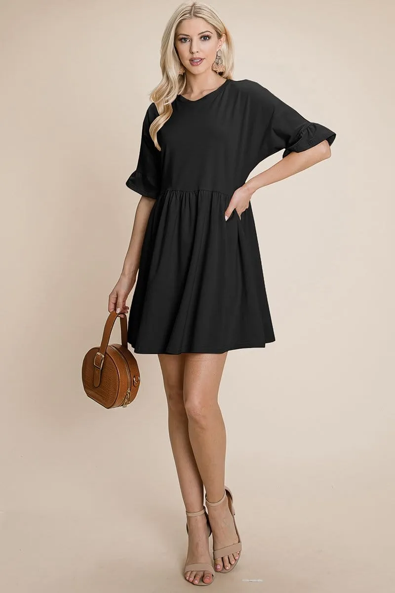 Ruffle Sleeve Babydoll Flowy Pleated Dress