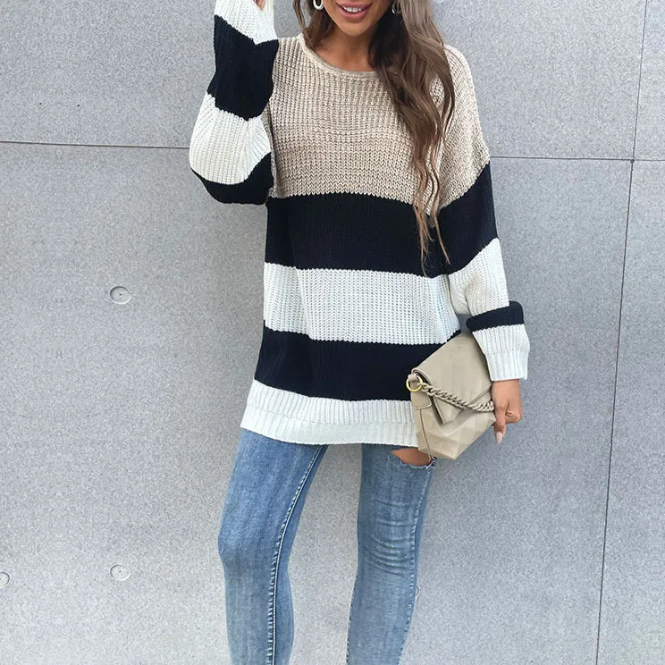 Striped Round Crek Knitted Sweater Women Wholesale