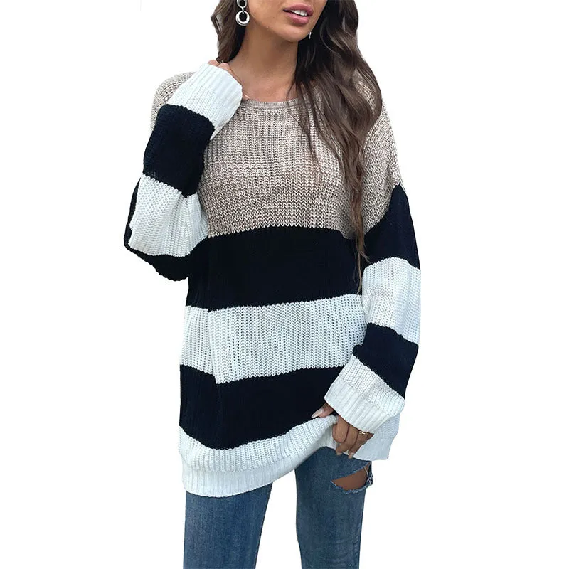 Striped Round Crek Knitted Sweater Women Wholesale