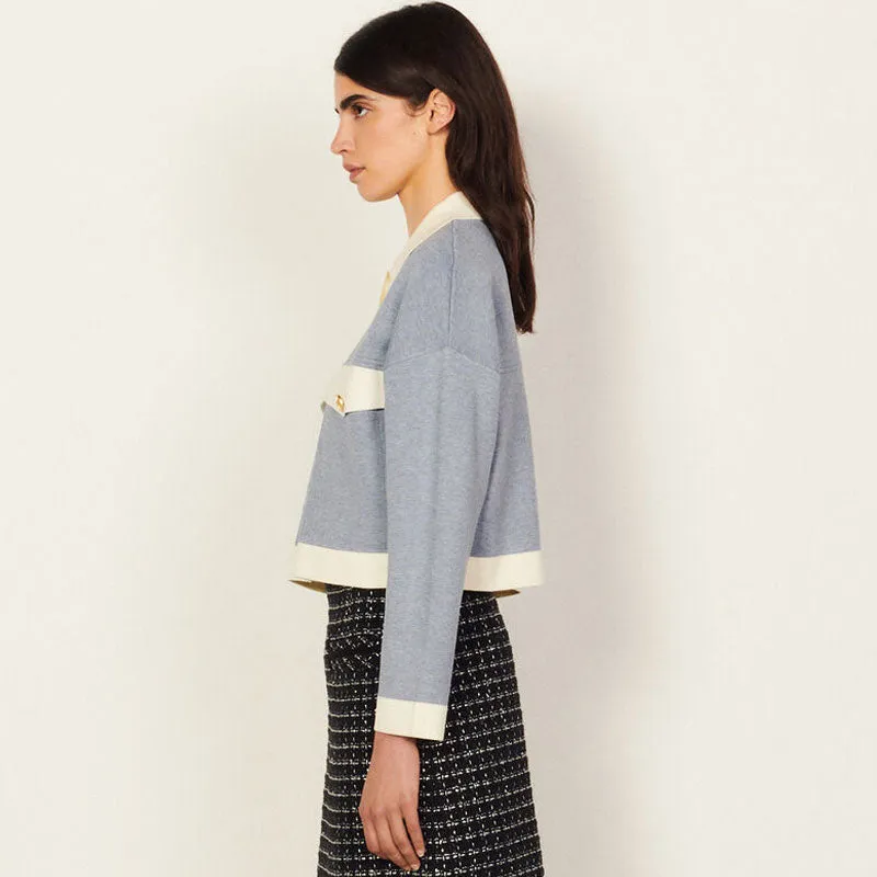 Sweet Contrast Long Sleeve Button Up Crop Knit Cardigan - Dusty Blue