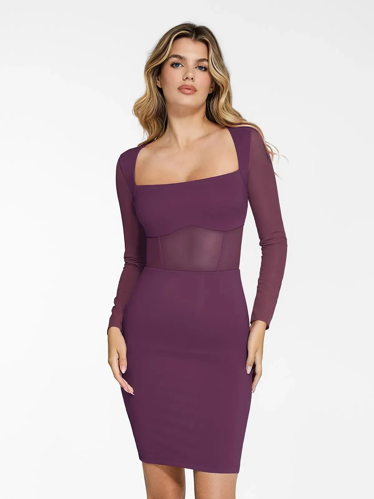 The Shapewear Dress Sculpting Long Sleeve Mesh Midi