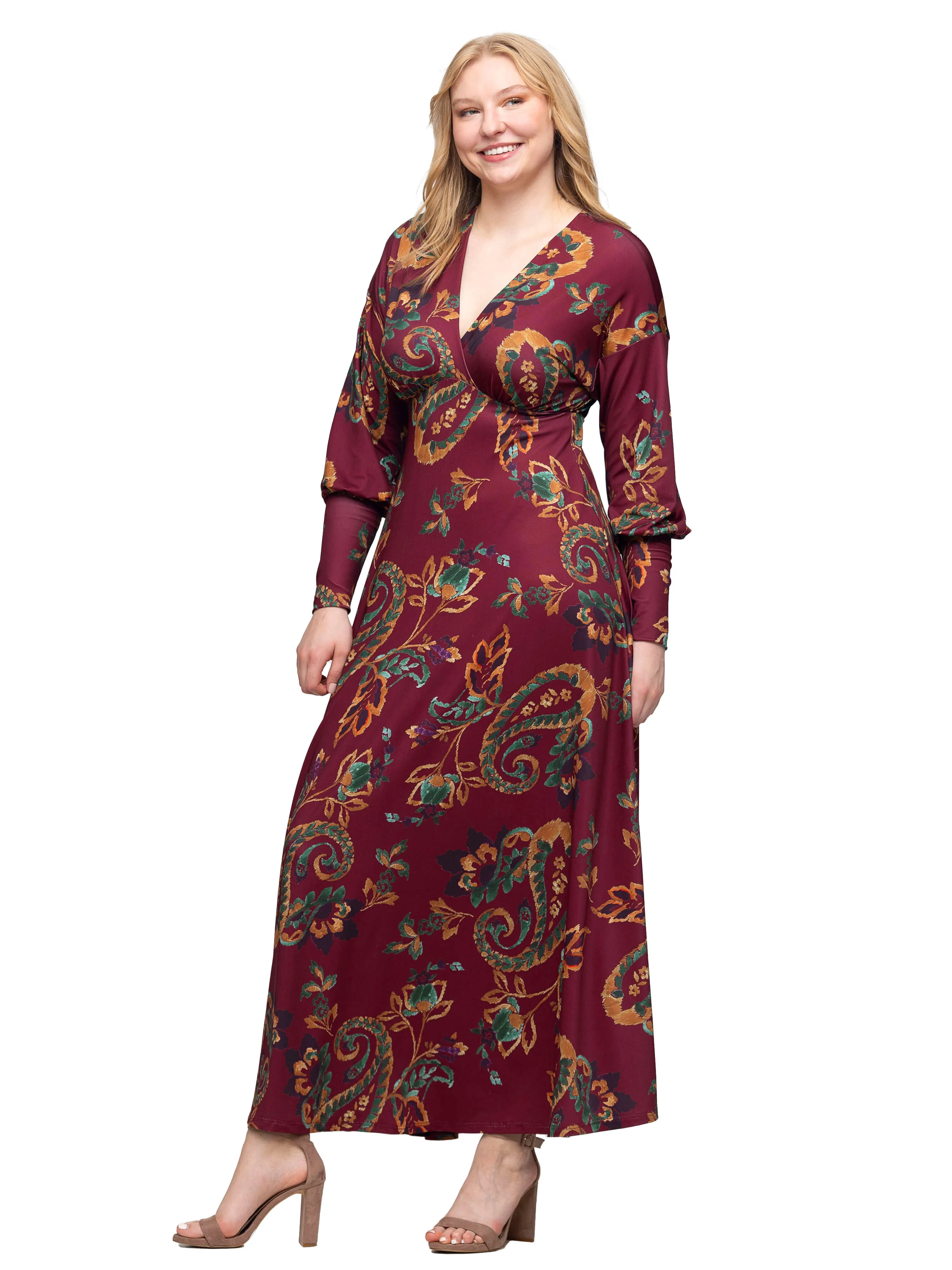 Wine Paisley Print Bishop Sleeve A Line Maxi Dress