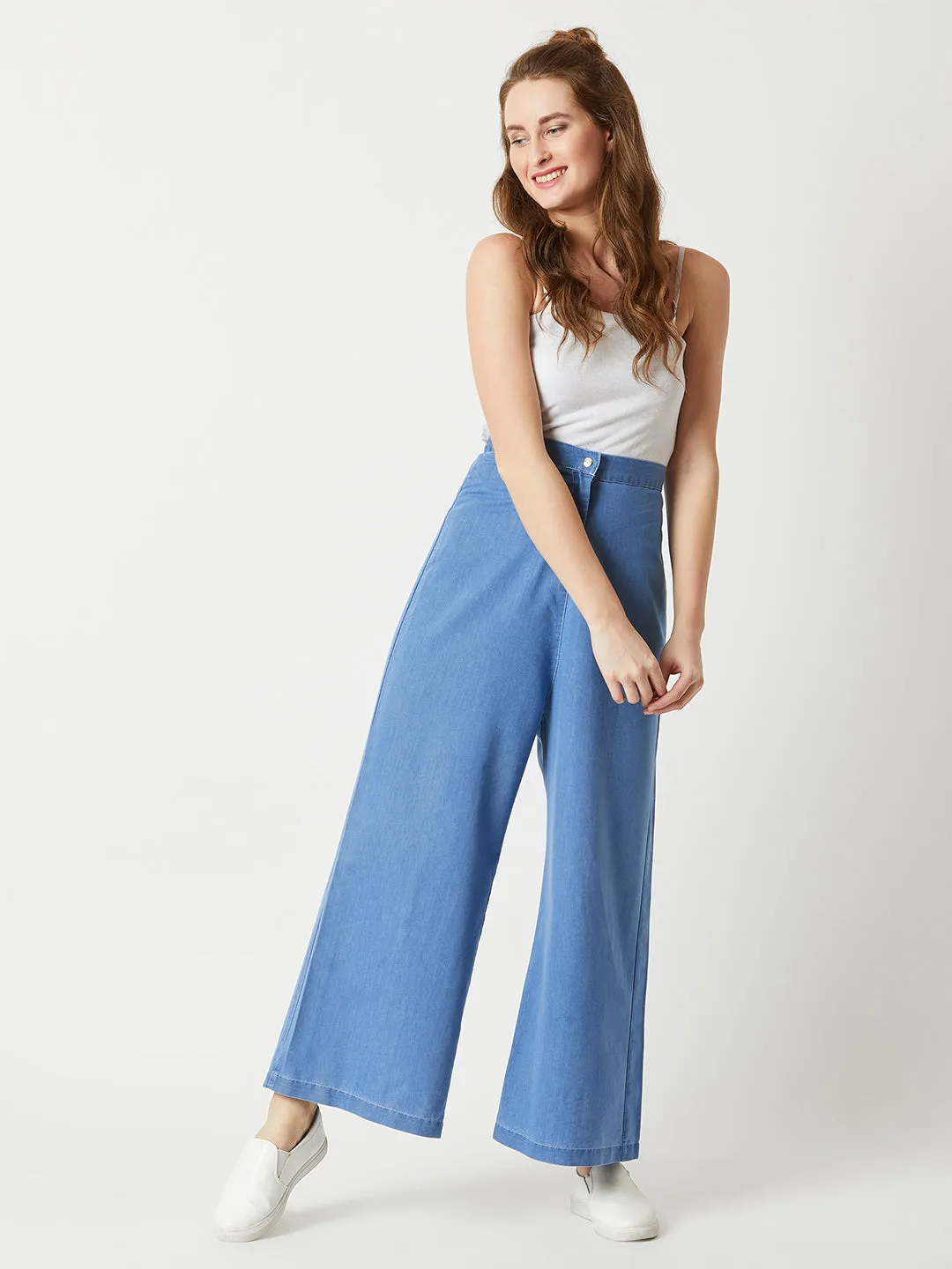 Women's Blue Flared Wide-Leg High Rise Light Weight Non Stretchable Pants